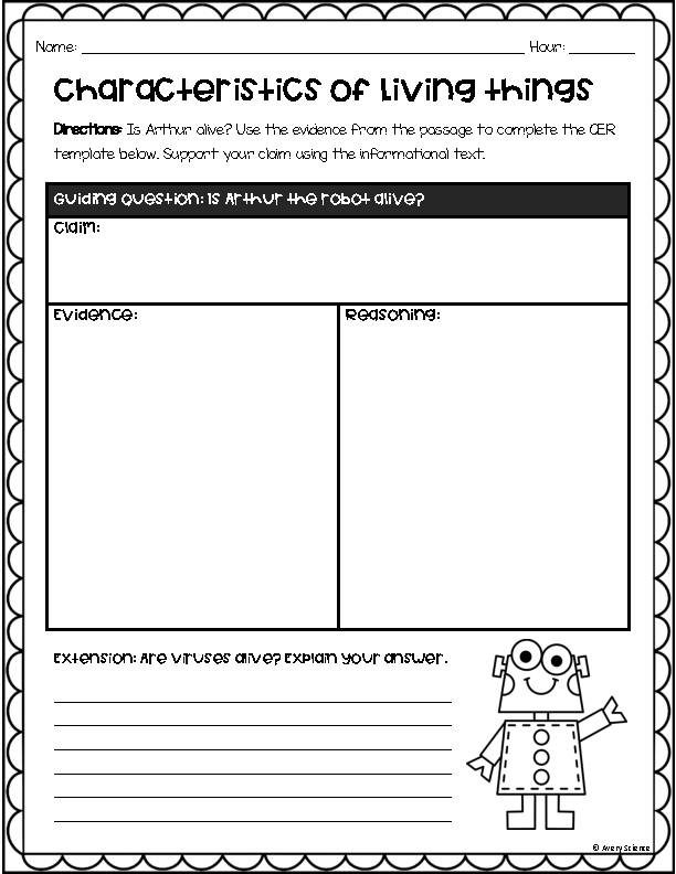 Characteristics Of Living Things Reading Passage And CER Worksheet