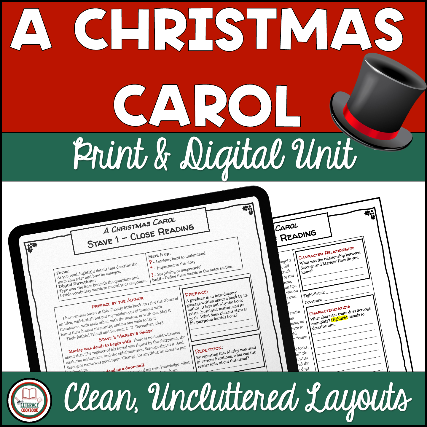 A Christmas Carol Novel Unit Digital Printable Entire Text Of