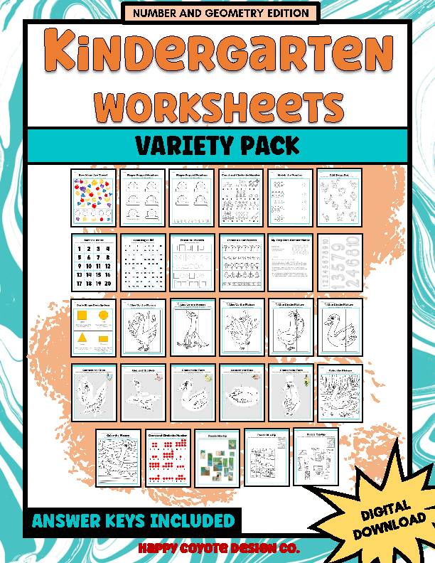 Kindergarten Worksheets Variety Pack | Number and Geometry Edition | Answer Keys Included | DIGITAL DOWNLOAD's featured image