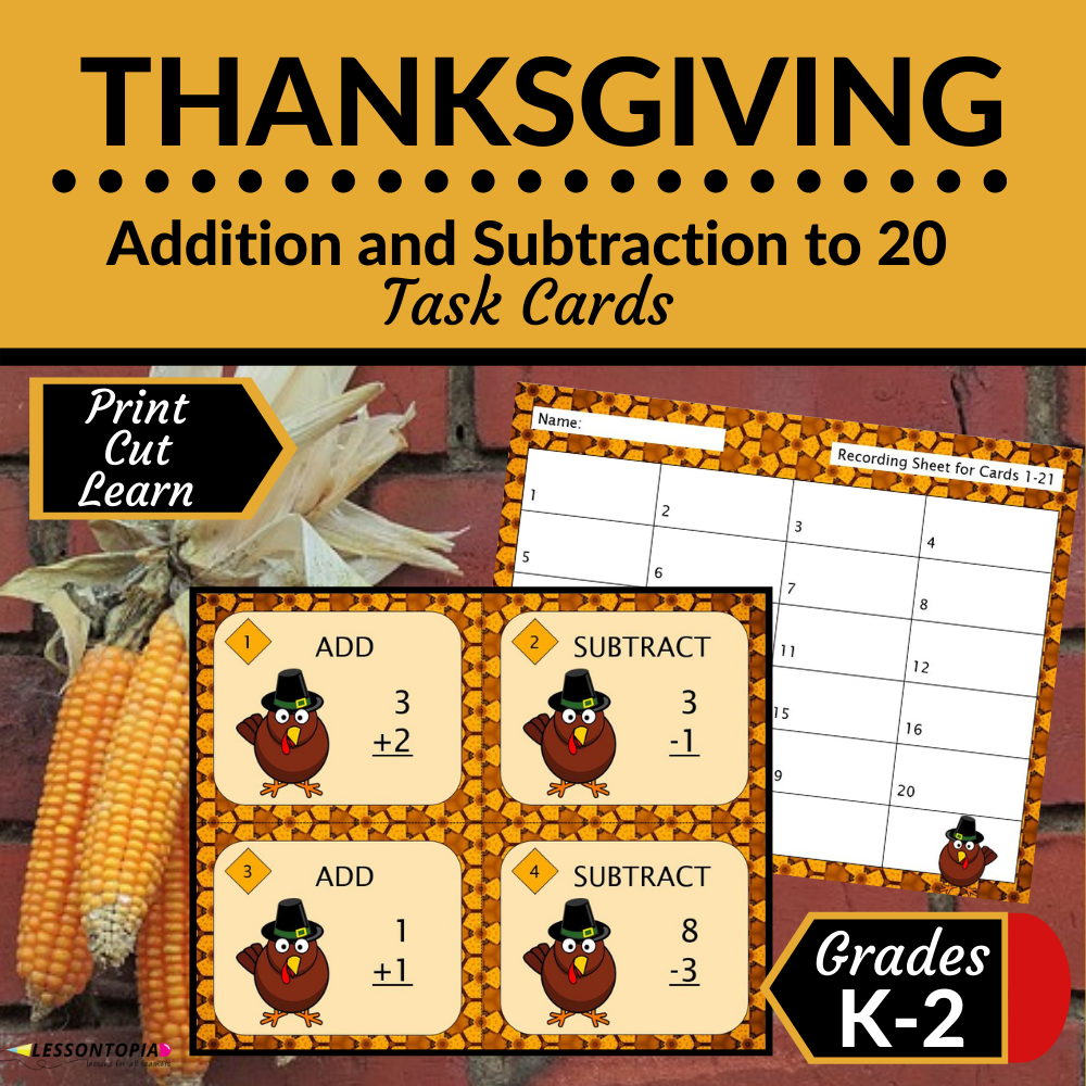 Addition and Subtraction Within 20 | Task Cards | Thanksgiving's featured image