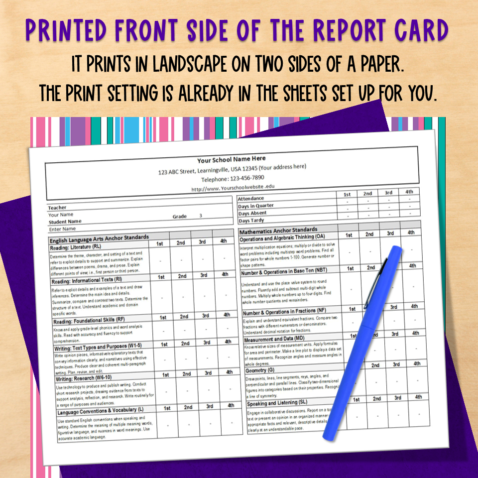 Standards Based Report Card Template for Quarters Classful