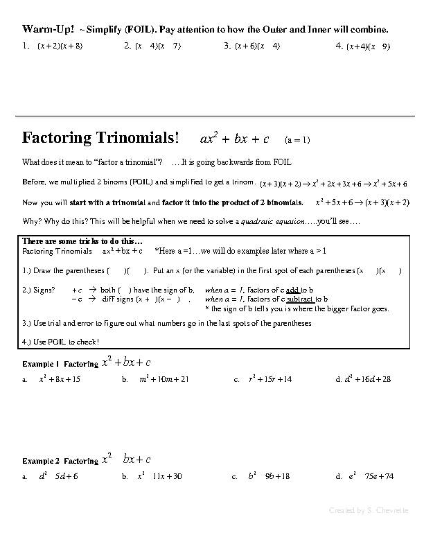 Factoring Quadratic Trinomials - Notes and Worksheets's featured image
