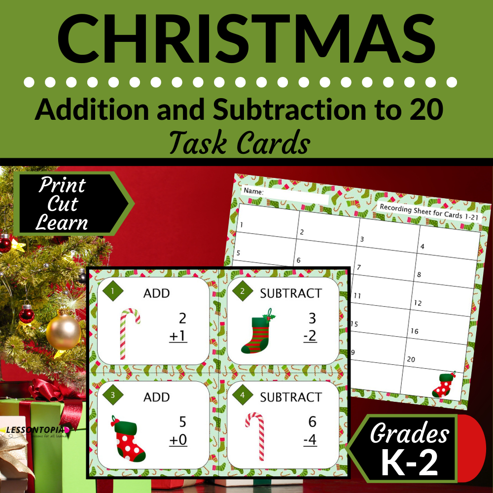 Addition and Subtraction Within 20 | Task Cards | Christmas's featured image