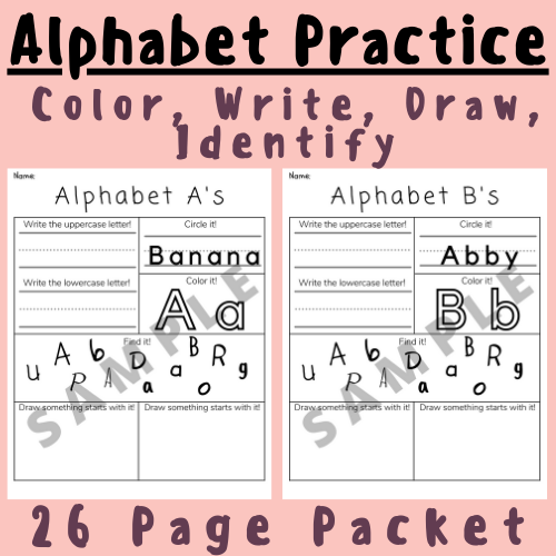 Alphabet Worksheet Packet A-Z: Color, Write, Draw, Identify; For K-5 Teachers & Students in Language Arts, Writing, Grammar Classroom's featured image