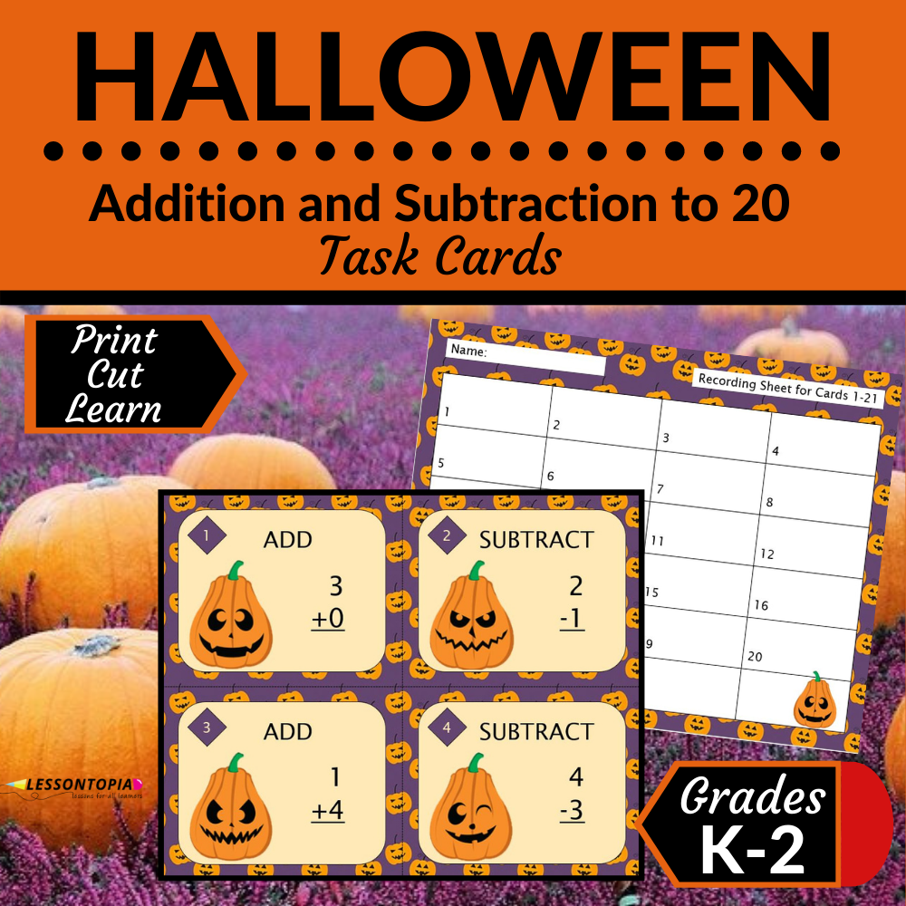 Addition and Subtraction Within 20 | Task Cards | Halloween's featured image