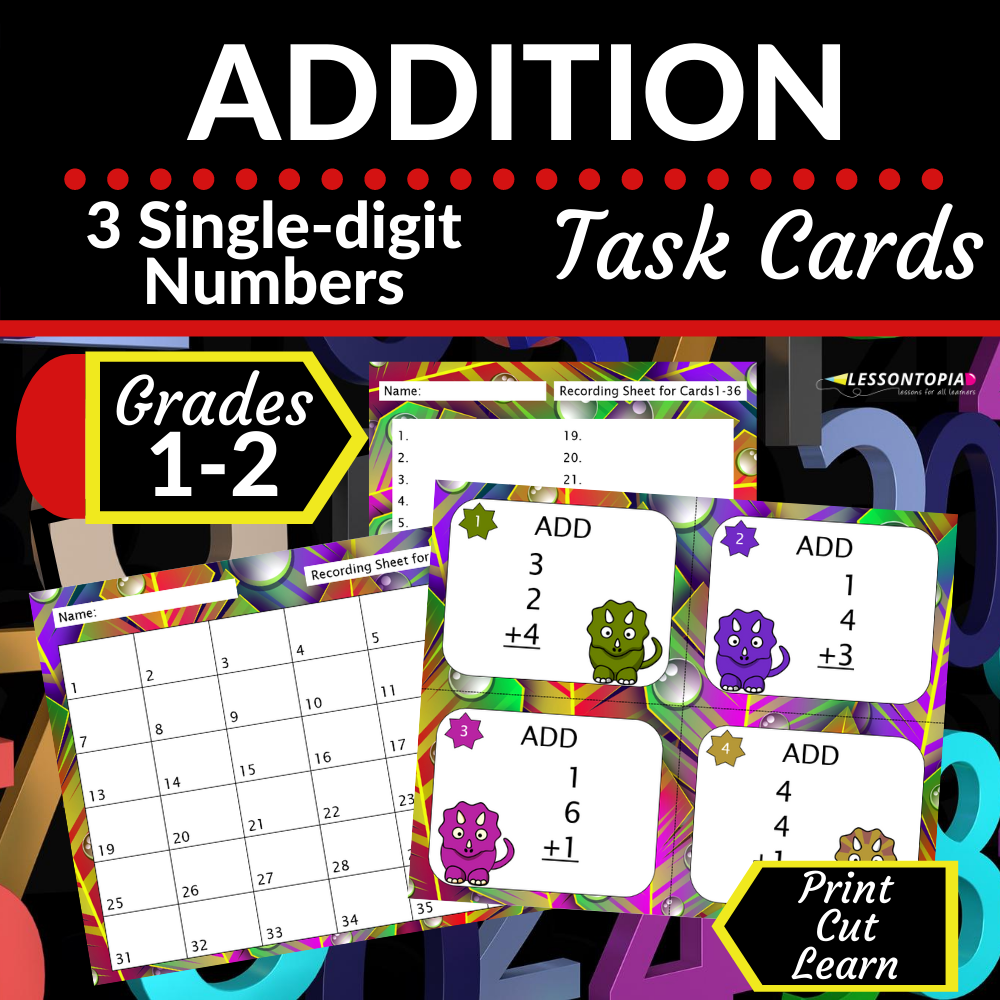 Adding 3 Single Digit Numbers | Task Cards