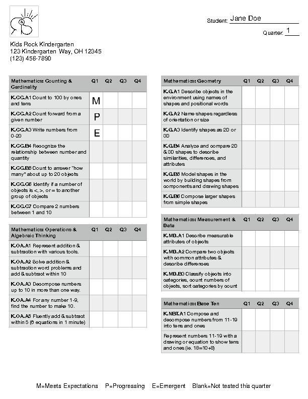 Editable Report Card Template - Ohio Kindergarten