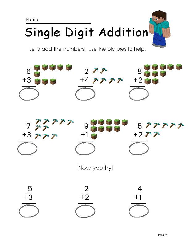 Minecraft Addition and Subtraction Sheets KOA1,2