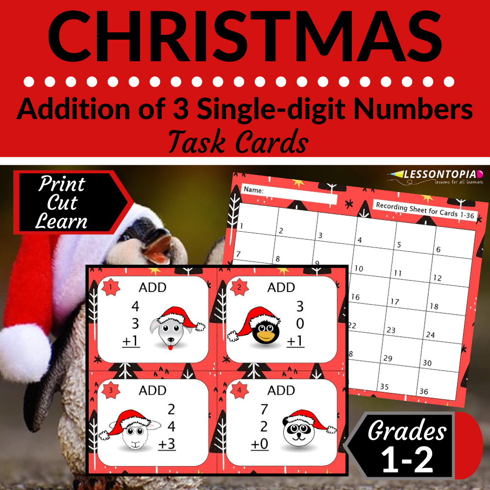 Adding 3 Single Digit Numbers | Task Cards | Christmas's featured image