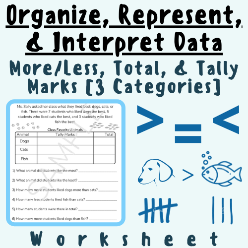 Organize, Represent, Interpret Data For 3 Categories: Tally Marks w/ Word Problem (Total, How Many More/Less, Data) For K-5 Math Elementary School Teachers and Students's featured image