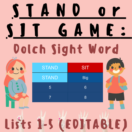 Phonics Dolch Sight Word PPT Game (Lists 1-5) STAND or SIT [EDITABLE PER LIST/GRADE] For K-5 Teachers and Students in Language Arts, Grammar, and Writing Classrooms's featured image