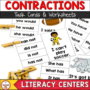 Contraction Task Cards and Worksheets for Literacy Centers's featured image