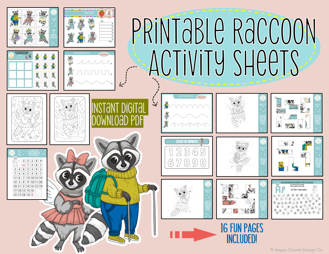 Printable Raccoon Themed Activity Sheets | Kindergarten Fun | DIGITAL DOWNLOAD PDF's featured image