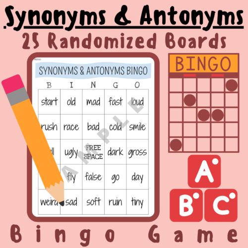 Synonyms & Antonyms Fun Grammar BINGO GAME; For K-5 Teachers and Students in the Language Arts, Phonics, Grammar, & Writing Classroom's featured image