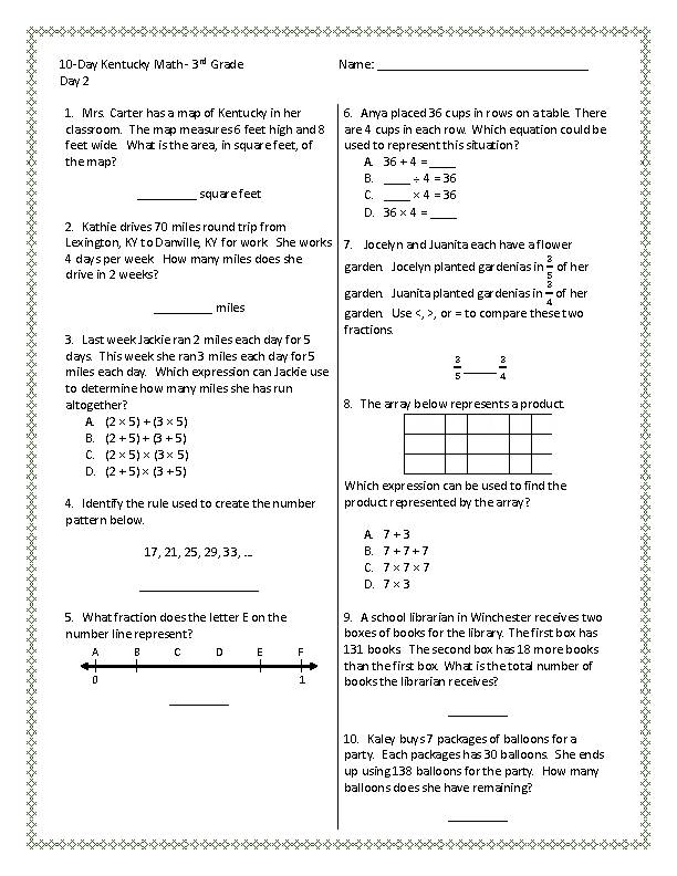 3rd Grade Kentucky KSA Math Test Prep / Standards Review - 10 Days of ...