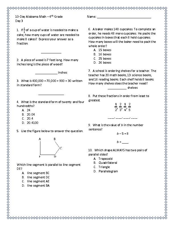 4th Grade Alabama ACAP Math Test Prep / Standards Review 10 Days of