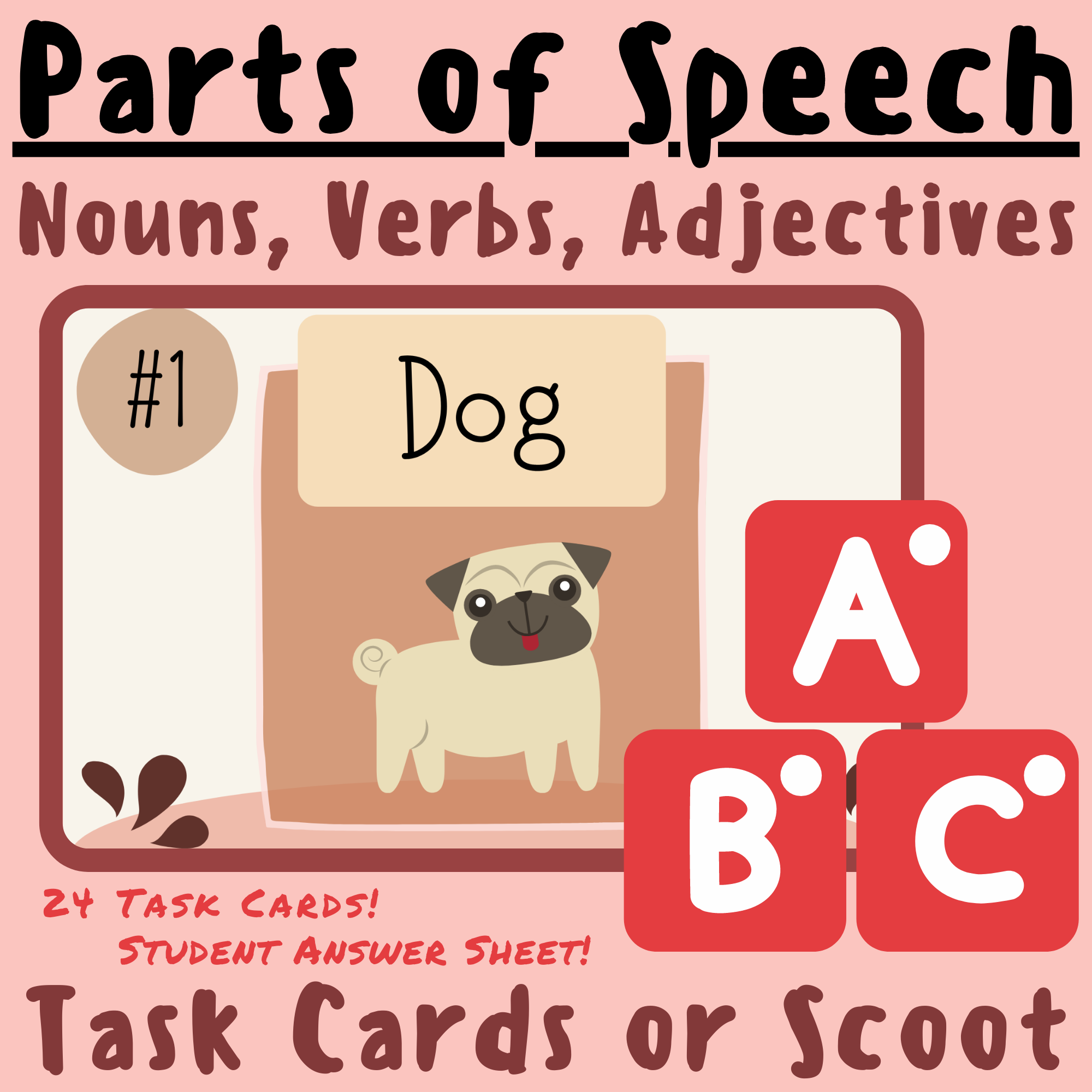 Parts of Speech (Nouns, Verbs, Adjectives) SCOOT or TASK CARDS; For K-5 Teachers and Students in the Language Arts, Phonics, Grammar, and Writing Classroom