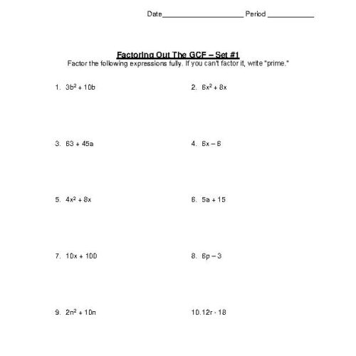 Factoring The GCF Of Algebraic Expressions Set 1 Worksheet - Classful