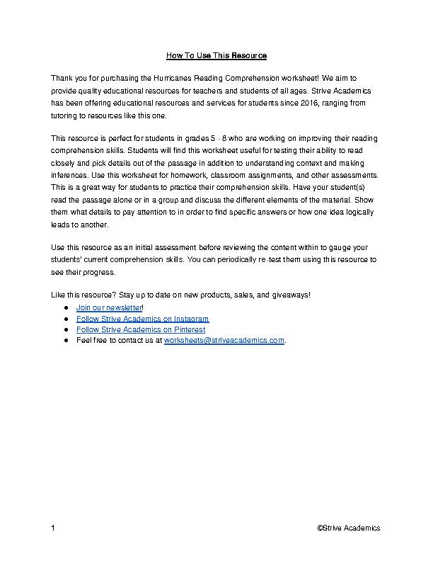Hurricanes English Reading Comprehension Worksheet - Classful