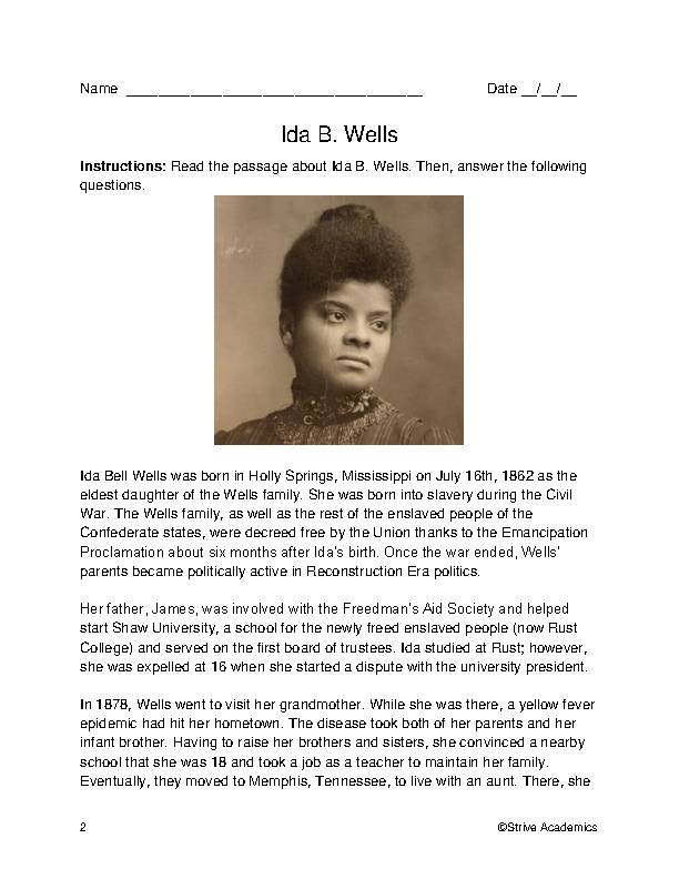 The Life Of Ida B. Wells Reading Comprehension And History Worksheet ...