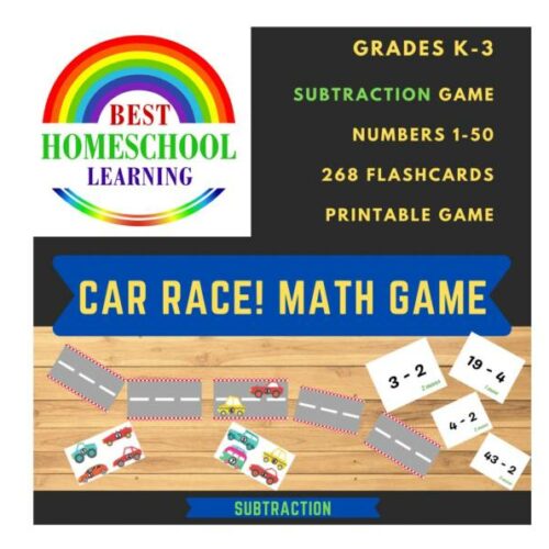 Car Race - Printable Math Game - Subtraction - 268 Flashcards - K-3's featured image