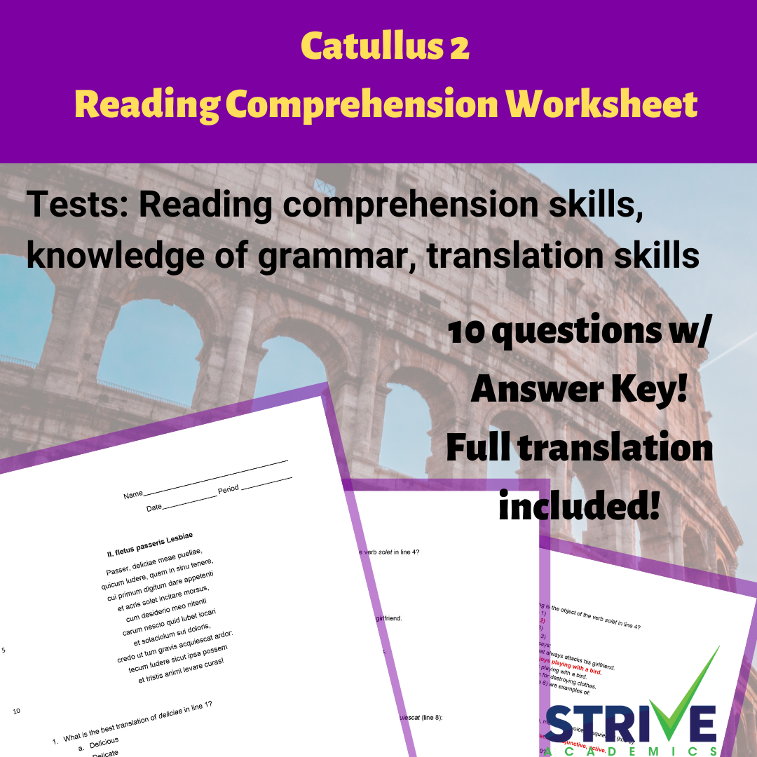 Catullus 2 Advanced Latin Reading Comprehension Worksheet (Latin 3/4 +)