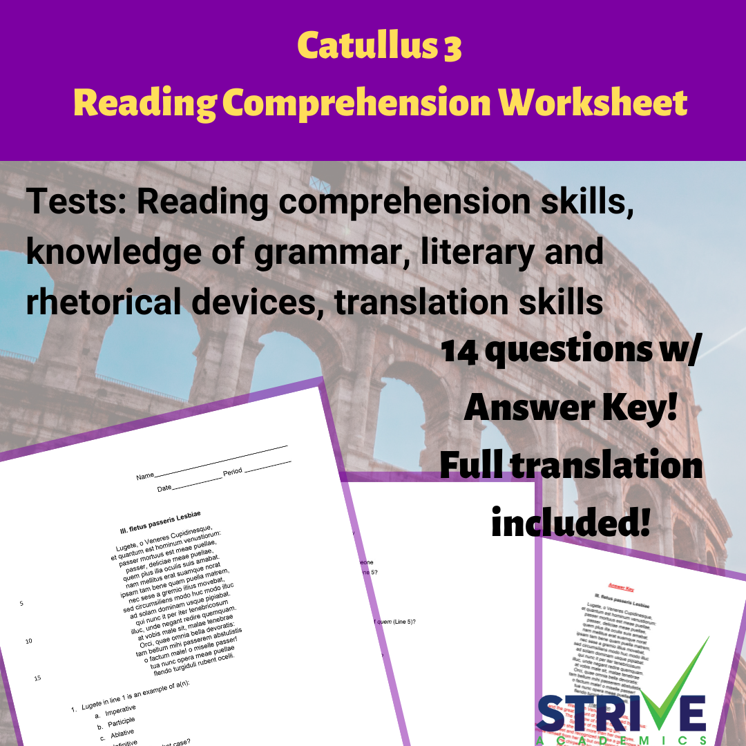 Catullus 3 Advanced Latin Reading Comprehension Worksheet (Latin 3/4 +)