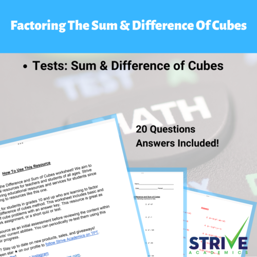 Sum and Difference of Cubes Algebra and Factoring Polynomials Worksheet's featured image