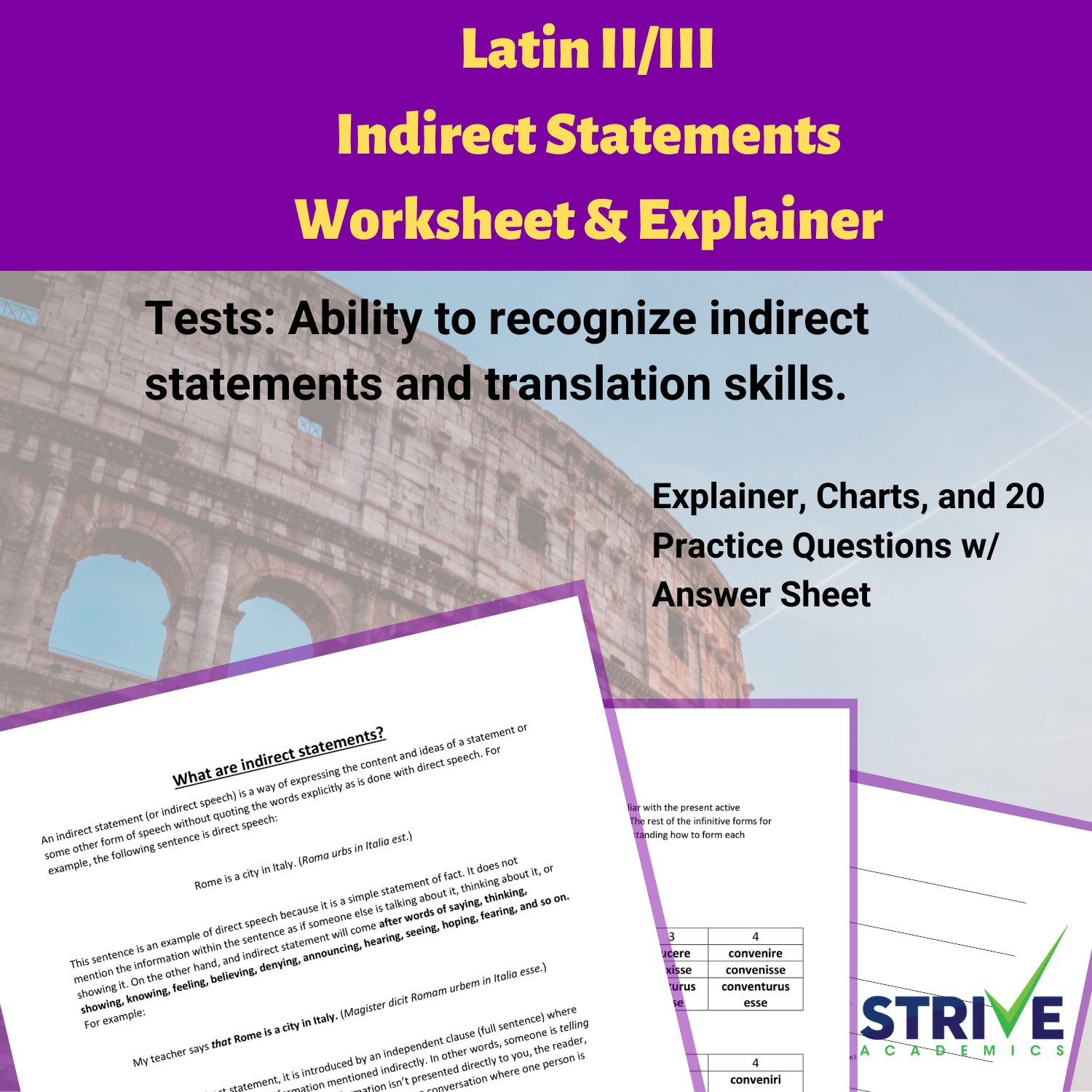 Latin II/III: Indirect Statements Worksheet and Explainer