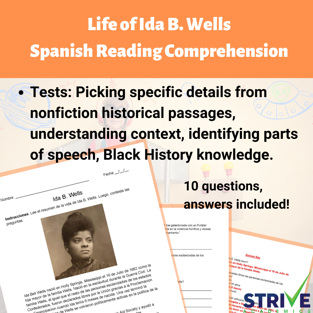 The Life of Ida B. Wells Spanish Reading Comprehension and History Worksheet
