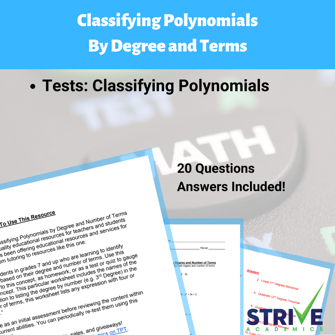 Classifying Polynomials By Degree And Number Of Terms Algebra 1 And 2 ...