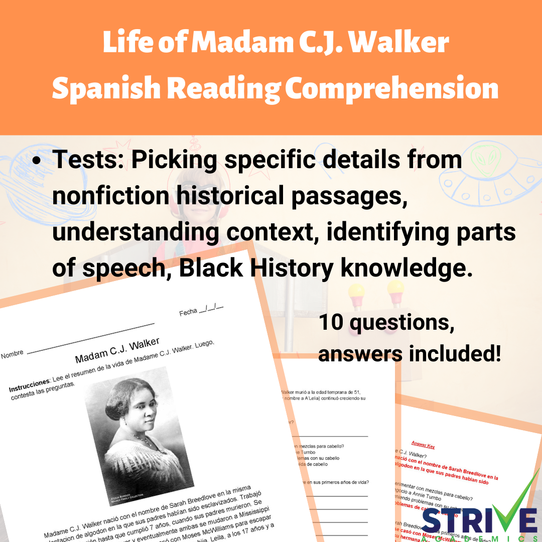 The Life of Madam C.J. Walker Spanish Reading Comprehension Worksheet