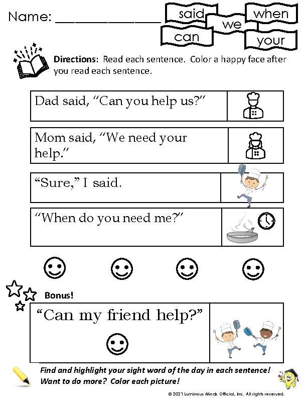 Sight Word Reading Review 8: said, can, we, when, your