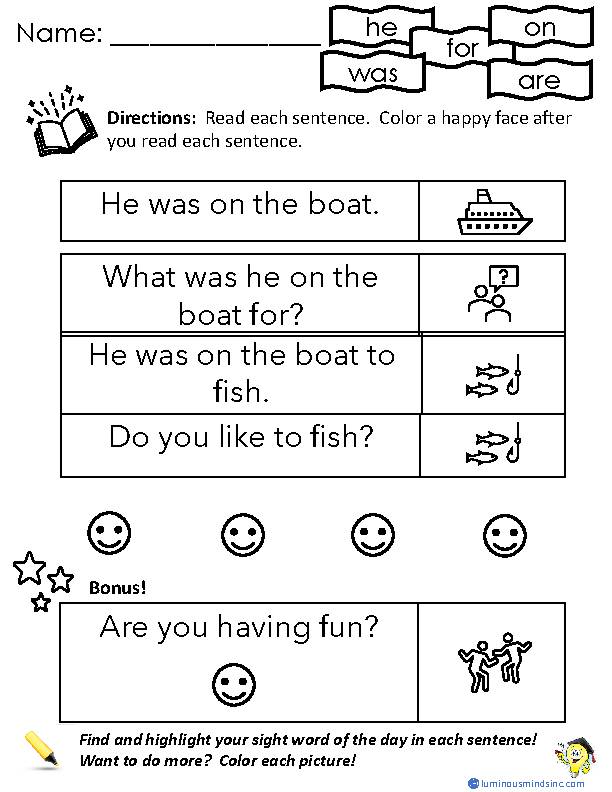 Sight Word Reading Review 3: he, was, for, on, are