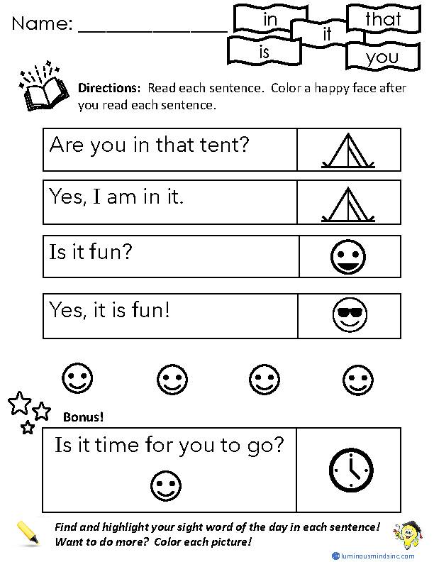 Sight Word Reading Review 2: in, is, you, that, it