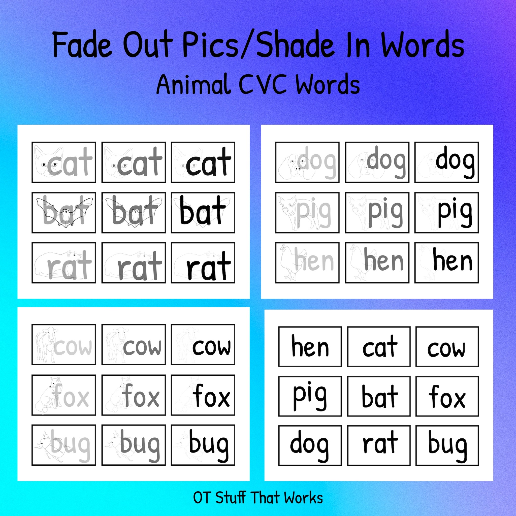 Fade Out Pics/Shade in Words- CVC Animal Flashcards 3