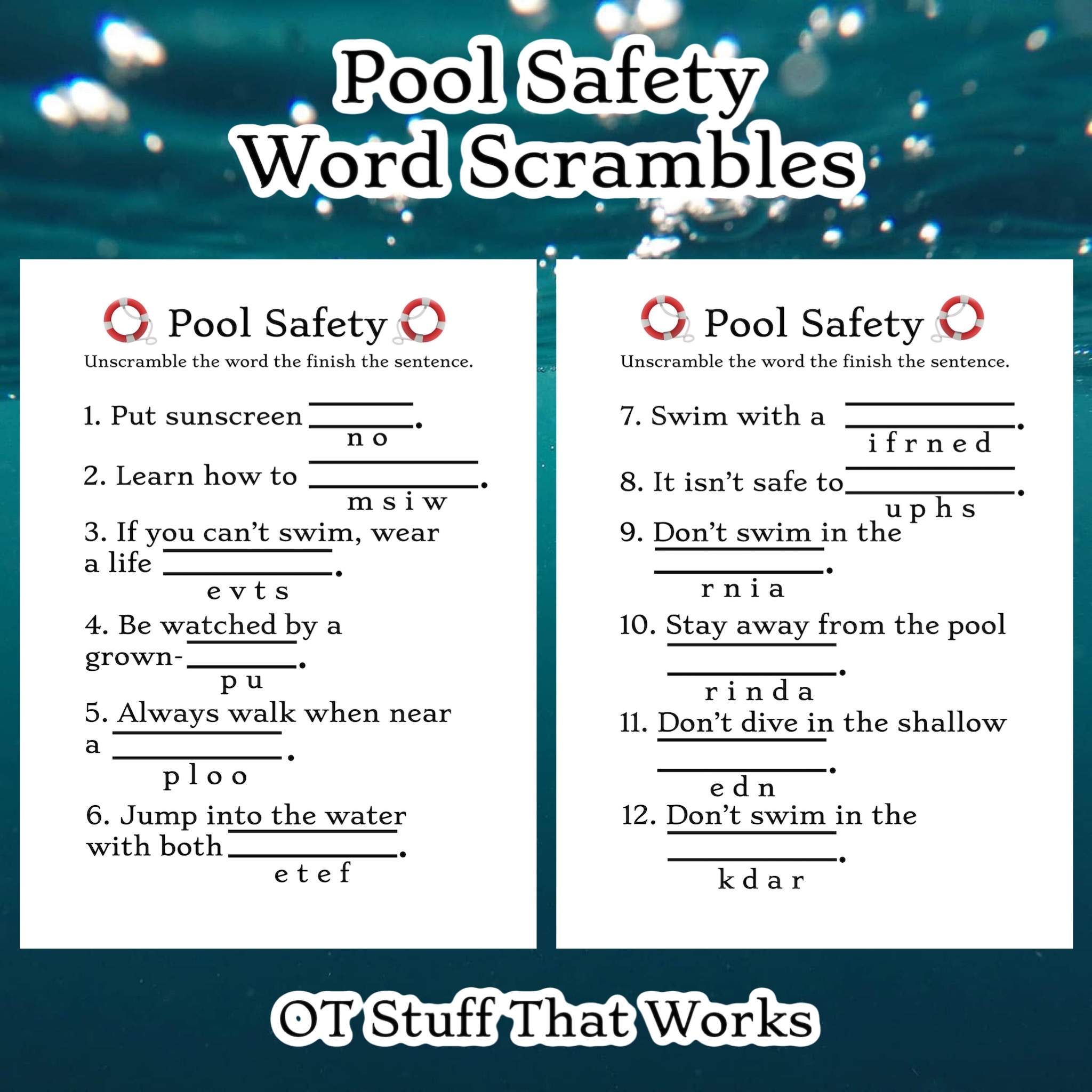 Pool Safety Word Scrambles