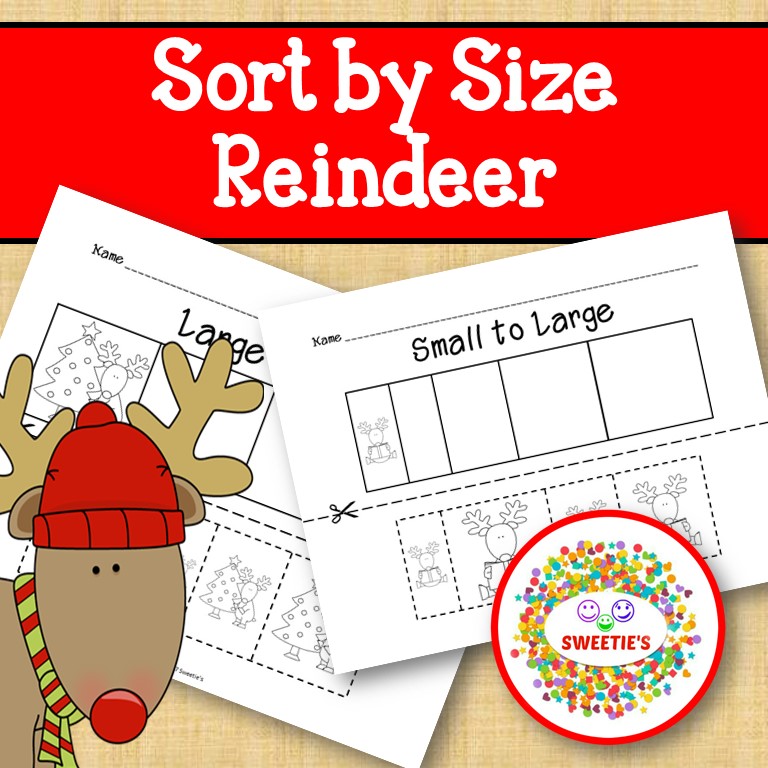 Sort by Size Activity Sheets - Color, Cut, and Paste - Reindeer