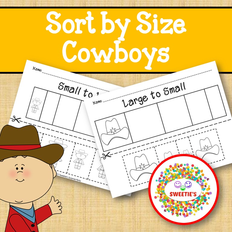 Sort by Size Activity Sheets - Color, Cut, and Paste - Cowboy