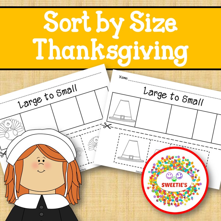 Sort by Size Activity Sheets - Color, Cut, and Paste - Thanksgiving