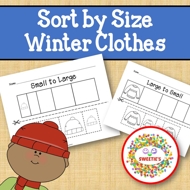 Sort by Size Activity Sheets - Color, Cut, and Paste - Winter Clothes