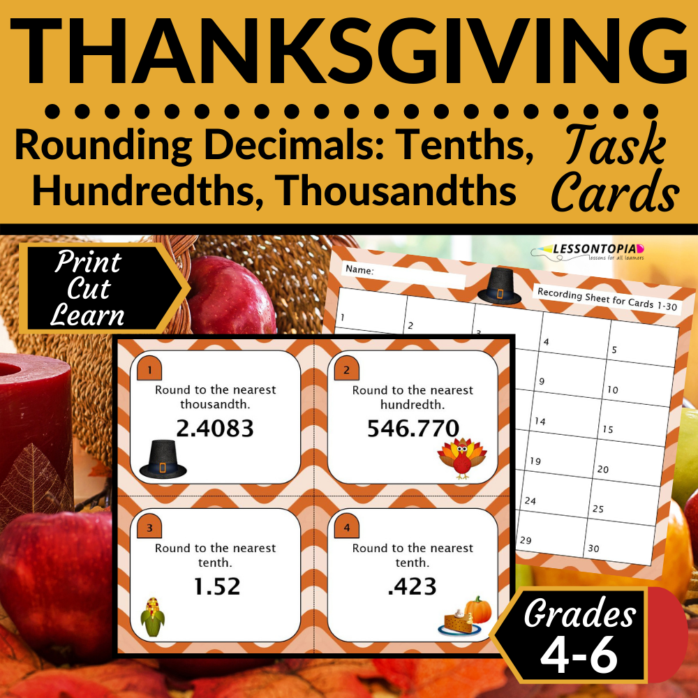 Rounding Decimals | Task Cards | Thanksgiving