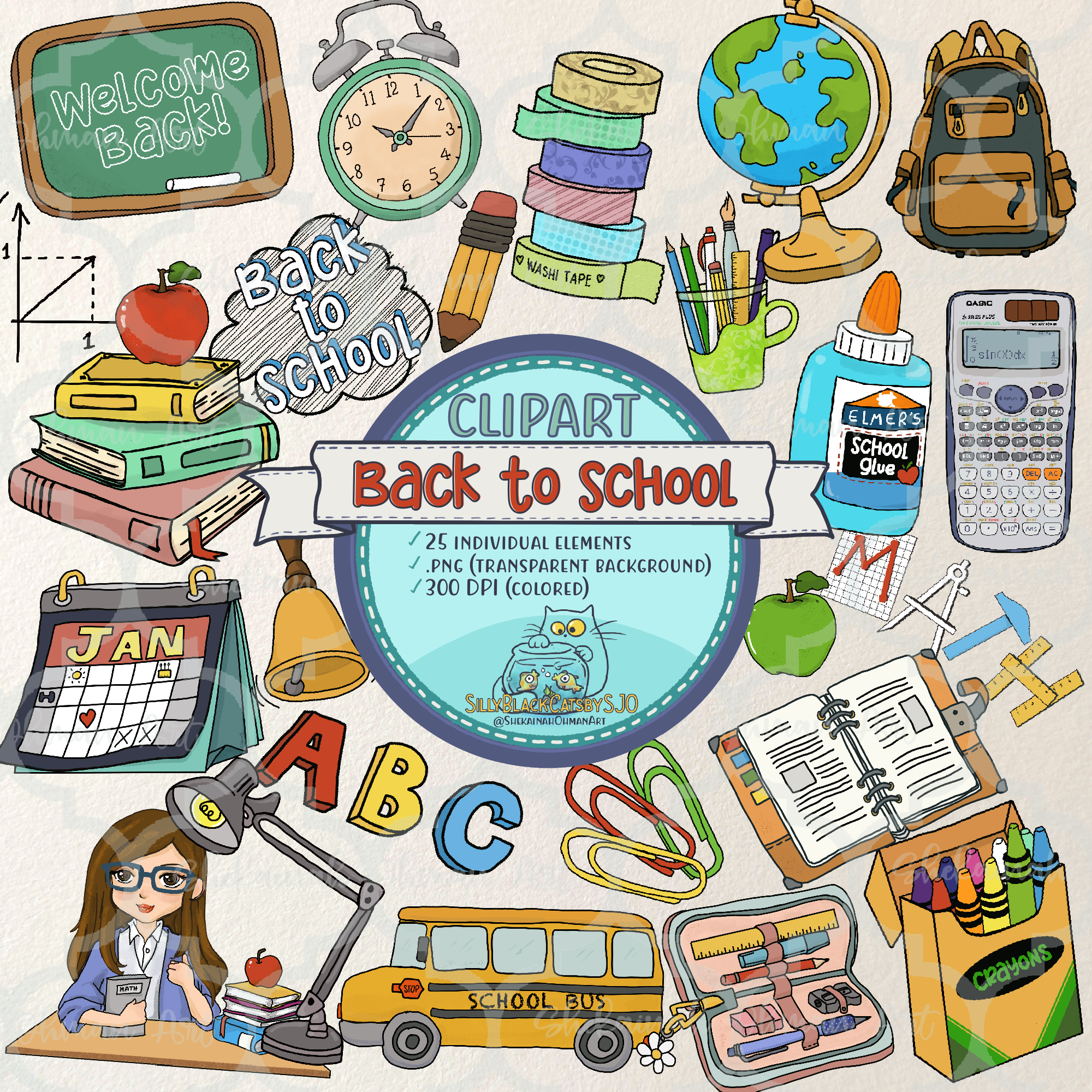 C-Back to school clipart bundle (COLORED) | School cliparts, stationary, png, bag, globe, calculator, clock, pen, books, bus's featured image