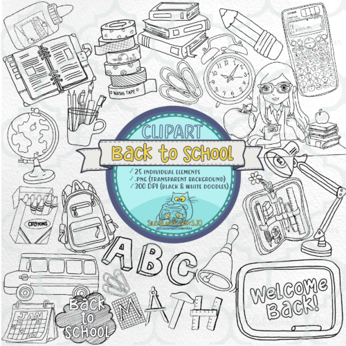 BW-Back to school clipart bundle(BLACK&WHITE) | School cliparts, stationary, png, bag, globe, calculator, clock, pen, books, bus's featured image
