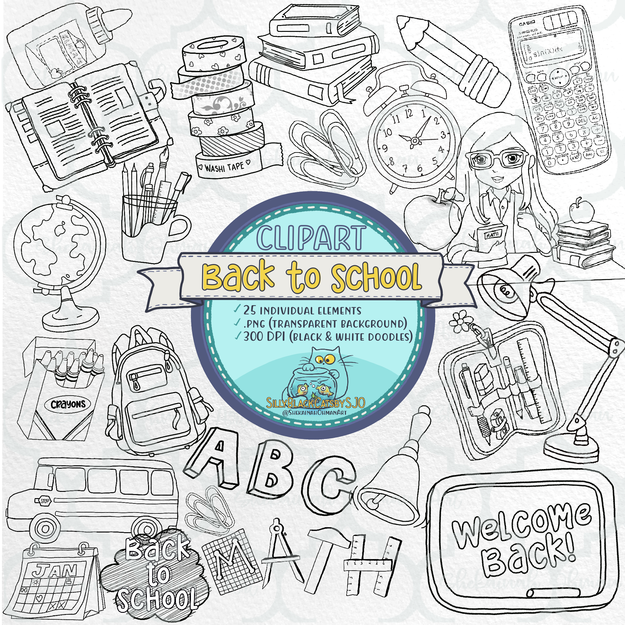 BW-Back to school clipart bundle(BLACK&WHITE) | School cliparts, stationary, png, bag, globe, calculator, clock, pen, books, bus