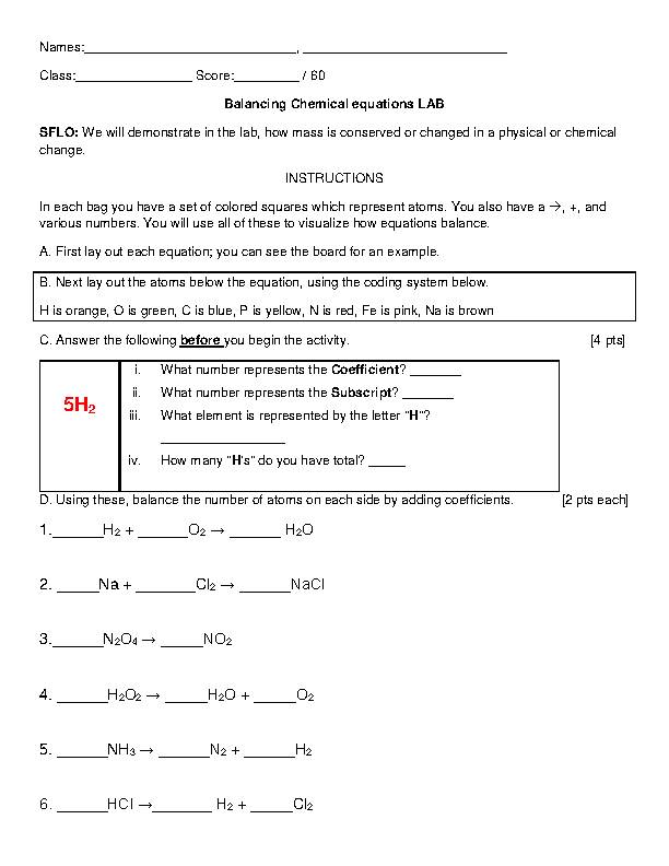 Balancing Chemical Equations Lab Worksheet: Mastering the Art of ...