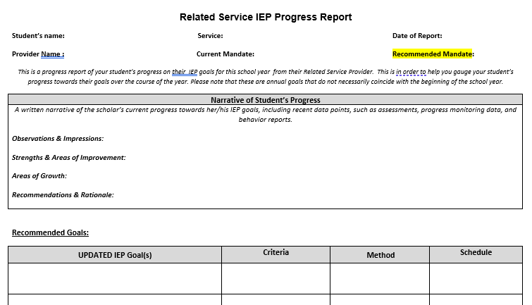 IEP Related Service Progress Report Template