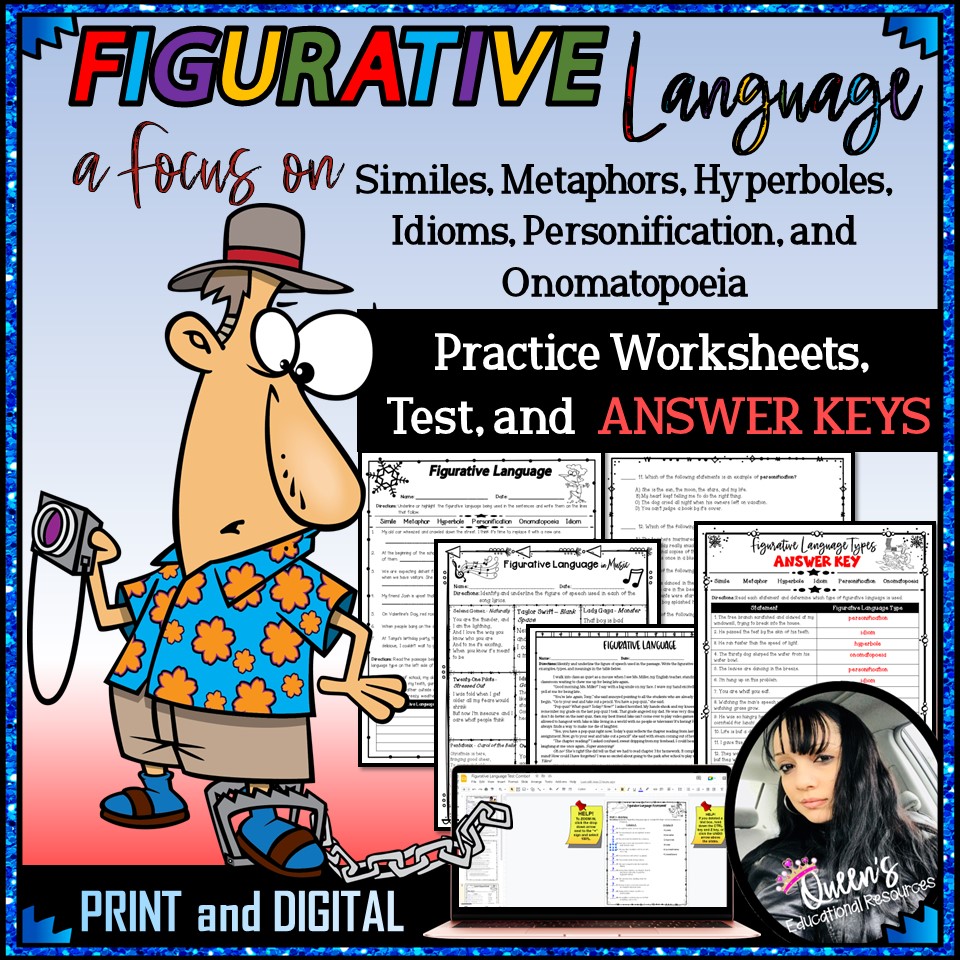 Figurative Language Practice Worksheets, Test, and KEYS (Print and Digital)