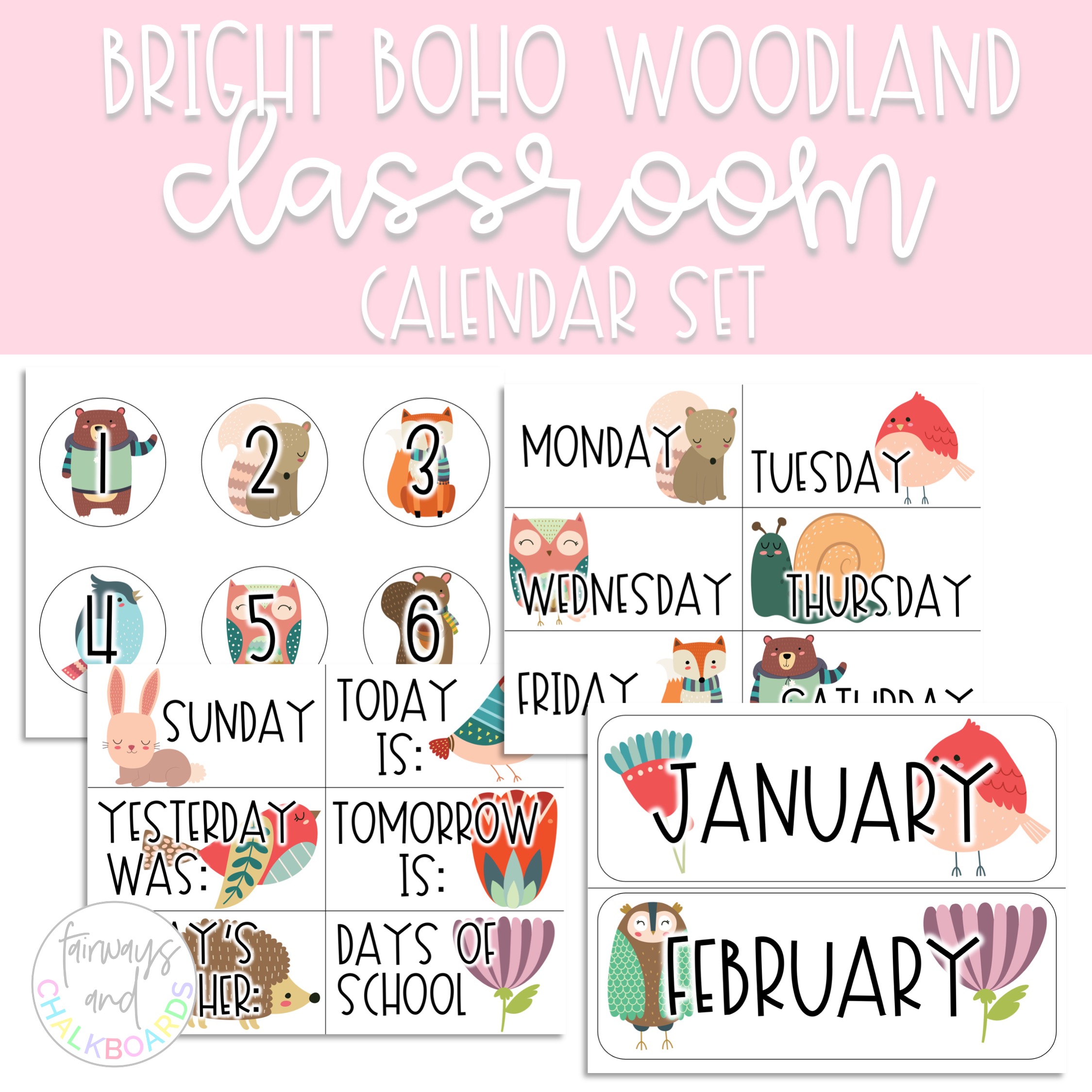 Bright Boho Woodland Classroom Calendar Set