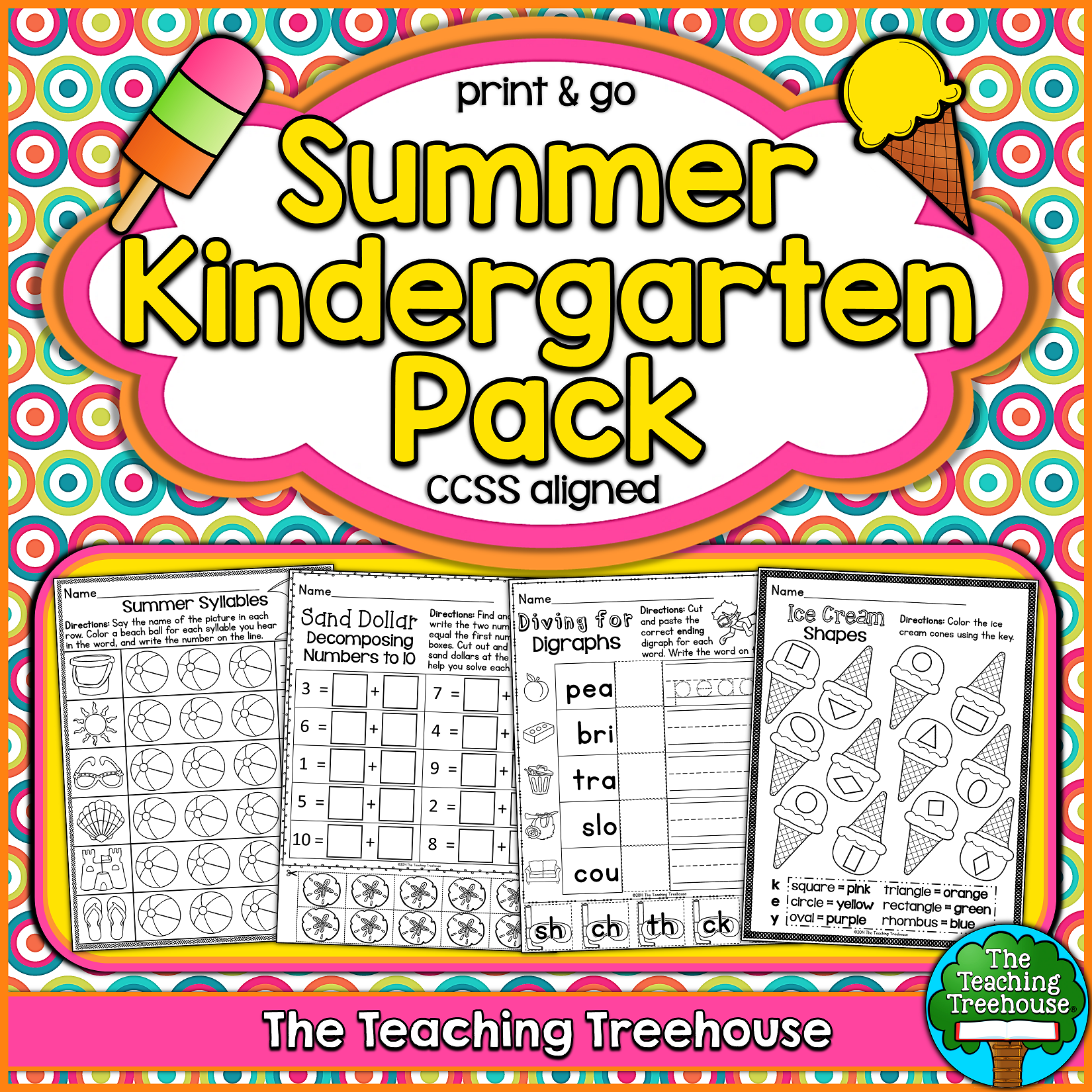 Summer Kindergarten Pack, No Prep, CCSS Aligned